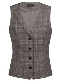 Glencheckweste Damen Braun-Schwarz mit feinem roten Karo, Reverskragen und 4-Knopfleiste